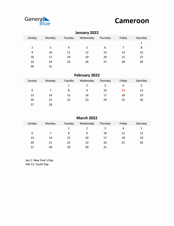 Printable Quarterly Calendar with Notes and Cameroon Holidays- Q1 of 2022