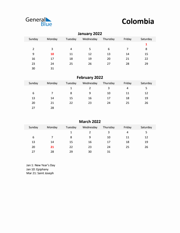 Printable Quarterly Calendar with Notes and Colombia Holidays- Q1 of 2022