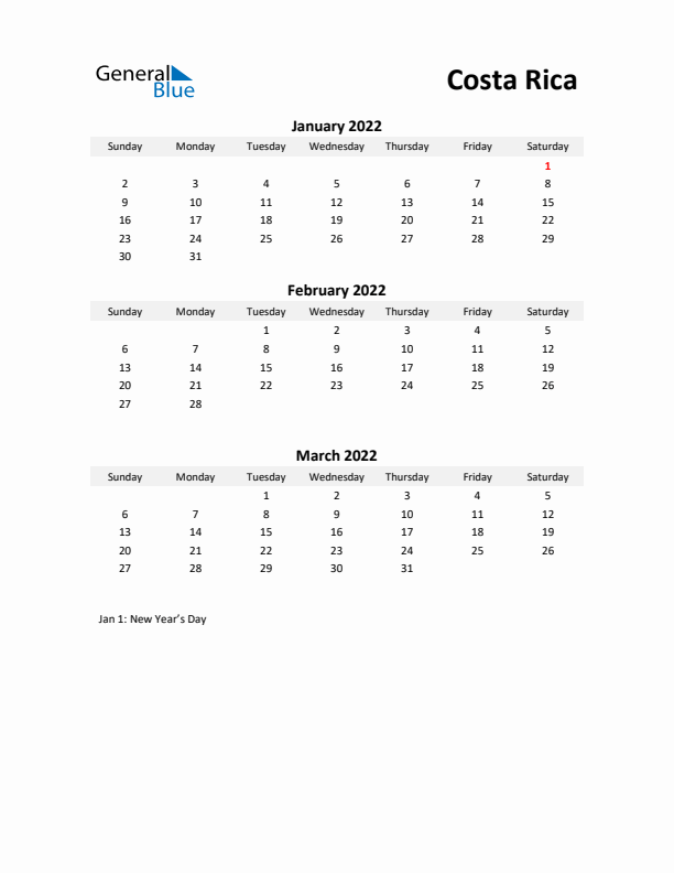 Printable Quarterly Calendar with Notes and Costa Rica Holidays- Q1 of 2022