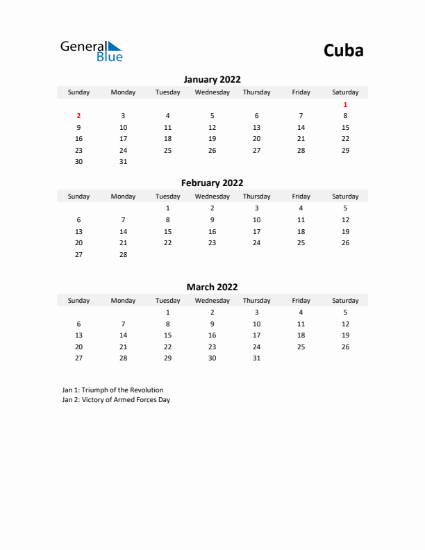 Printable Quarterly Calendar with Notes and Cuba Holidays- Q1 of 2022