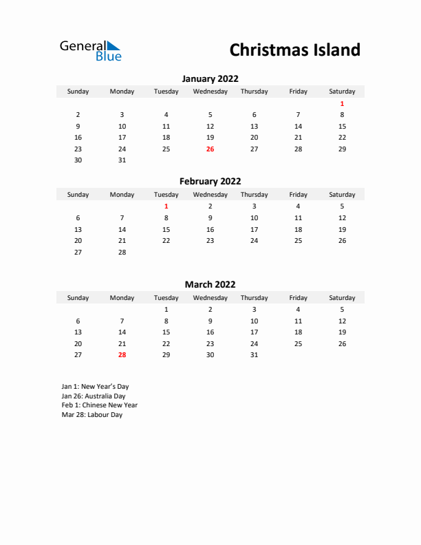 Printable Quarterly Calendar with Notes and Christmas Island Holidays- Q1 of 2022