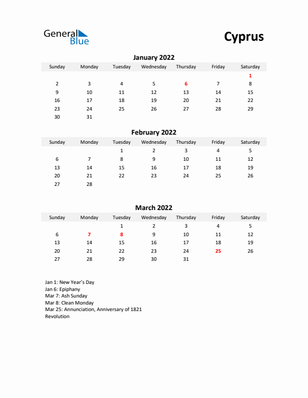 Printable Quarterly Calendar with Notes and Cyprus Holidays- Q1 of 2022