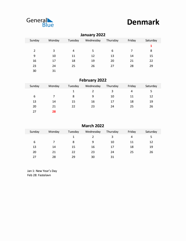 Printable Quarterly Calendar with Notes and Denmark Holidays- Q1 of 2022