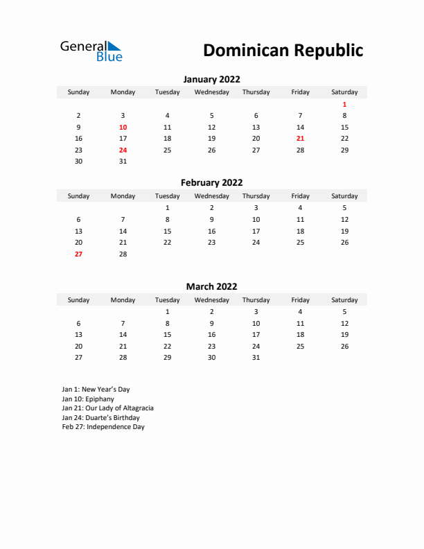 Printable Quarterly Calendar with Notes and Dominican Republic Holidays- Q1 of 2022