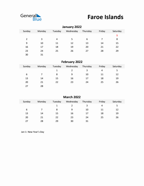 Printable Quarterly Calendar with Notes and Faroe Islands Holidays- Q1 of 2022