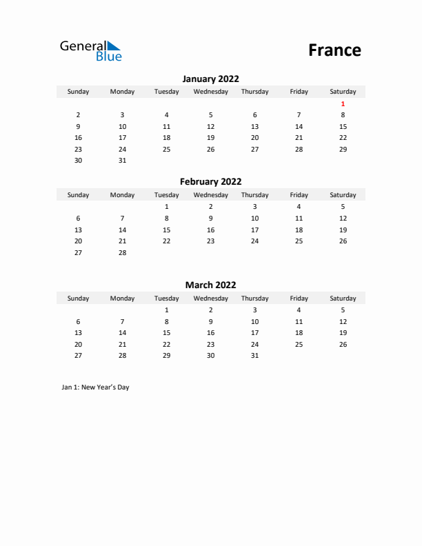 Printable Quarterly Calendar with Notes and France Holidays- Q1 of 2022