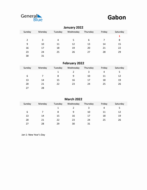 Printable Quarterly Calendar with Notes and Gabon Holidays- Q1 of 2022