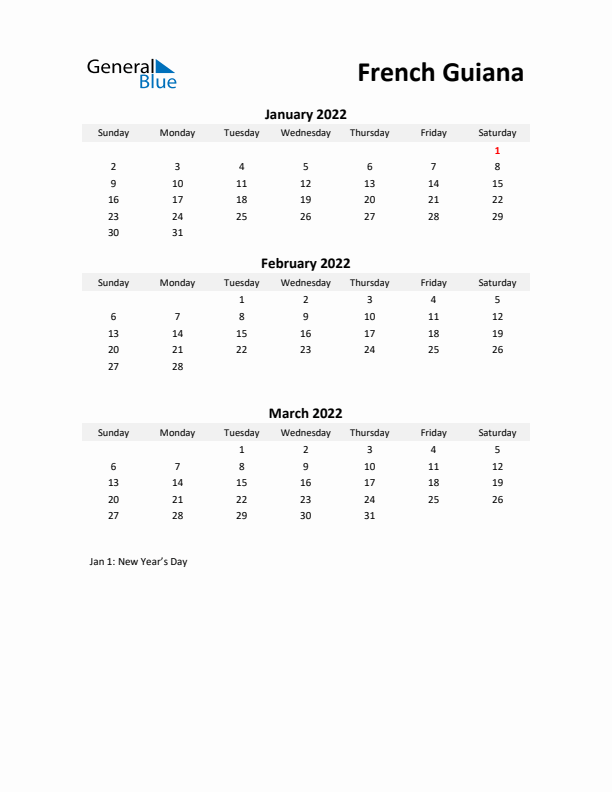 Printable Quarterly Calendar with Notes and French Guiana Holidays- Q1 of 2022