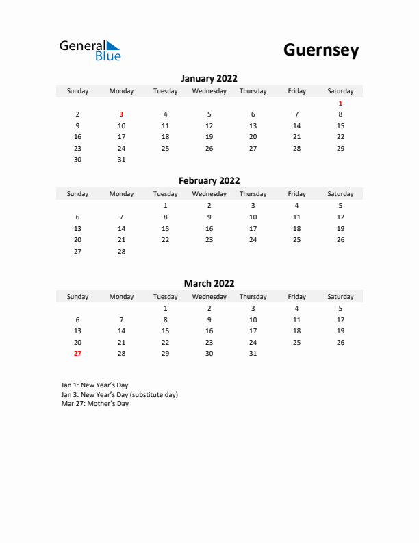 Printable Quarterly Calendar with Notes and Guernsey Holidays- Q1 of 2022