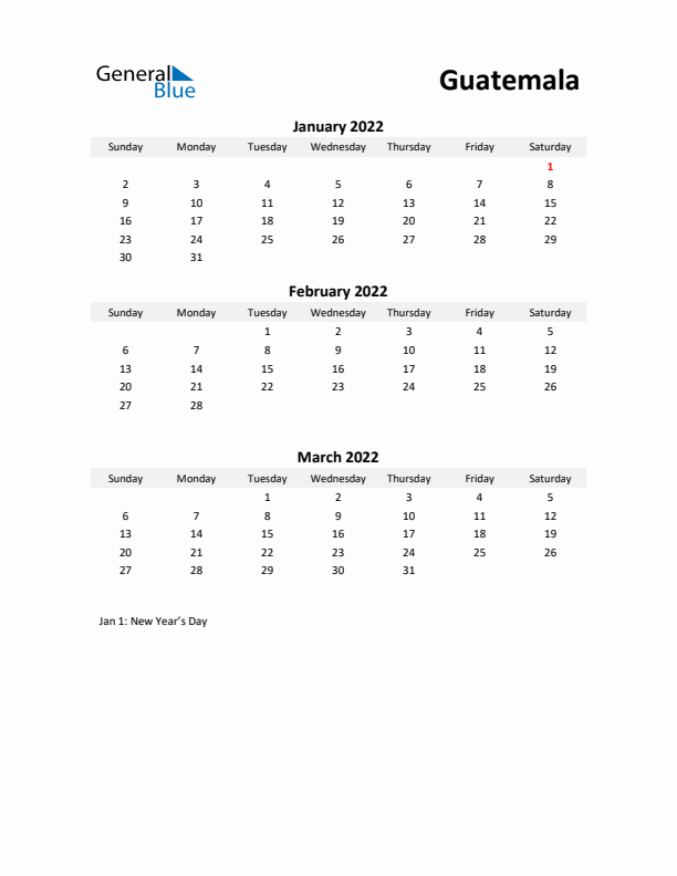 Printable Quarterly Calendar with Notes and Guatemala Holidays- Q1 of 2022