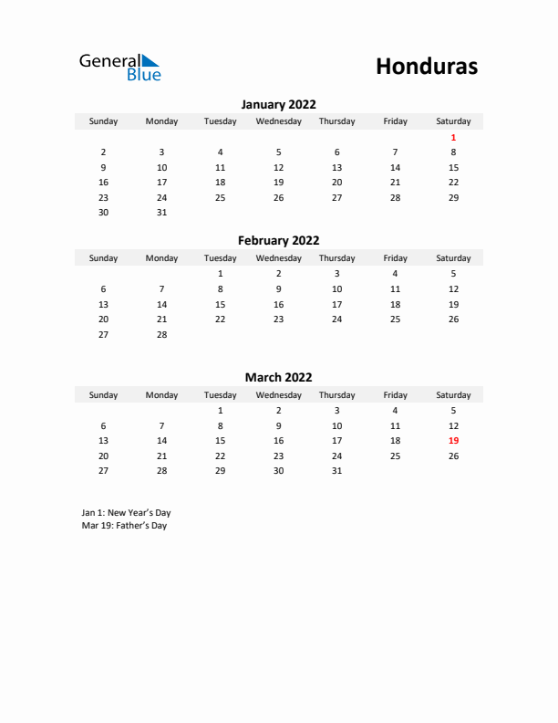 Printable Quarterly Calendar with Notes and Honduras Holidays- Q1 of 2022