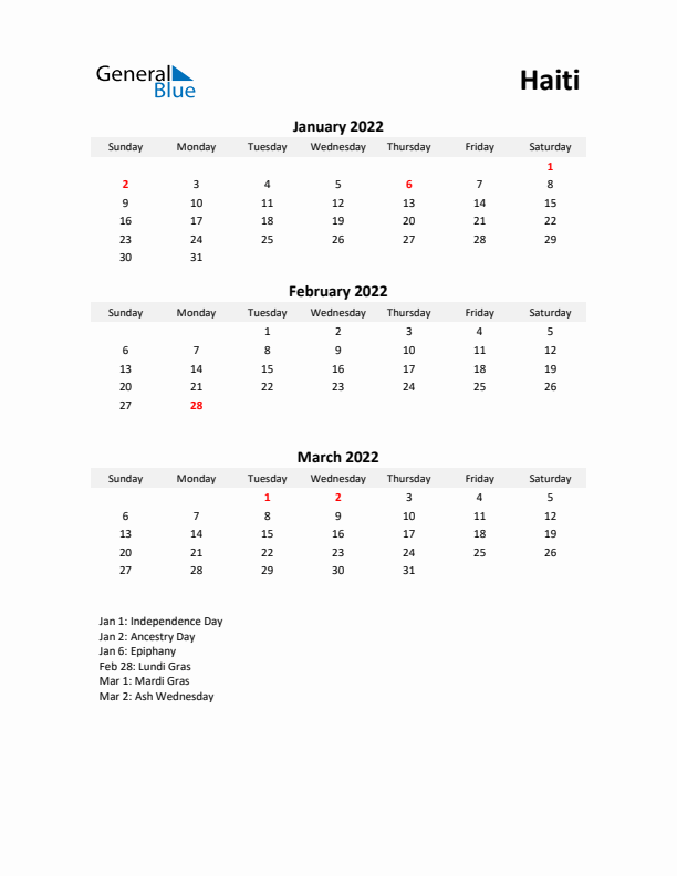 Printable Quarterly Calendar with Notes and Haiti Holidays- Q1 of 2022