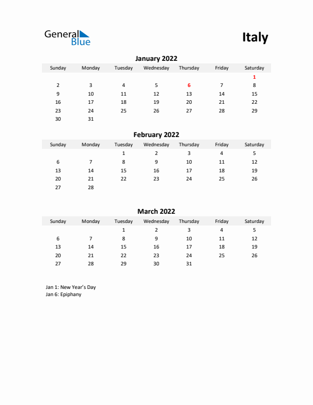 Printable Quarterly Calendar with Notes and Italy Holidays- Q1 of 2022