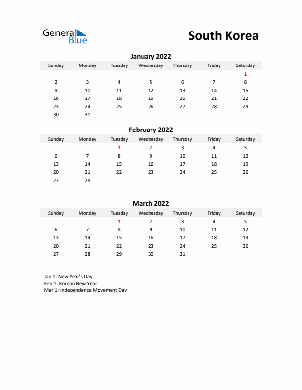 Printable Quarterly Calendar with Notes and South Korea Holidays- Q1 of 2022