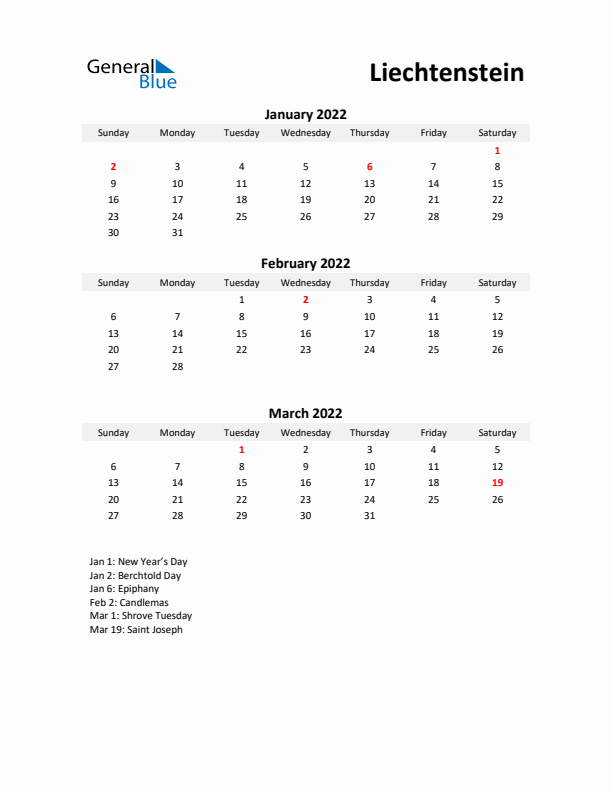 Printable Quarterly Calendar with Notes and Liechtenstein Holidays- Q1 of 2022