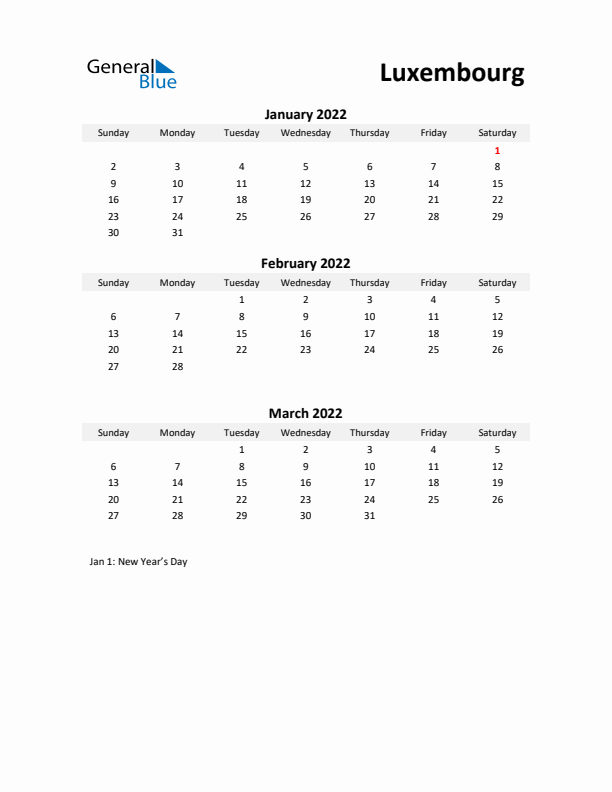 Printable Quarterly Calendar with Notes and Luxembourg Holidays- Q1 of 2022