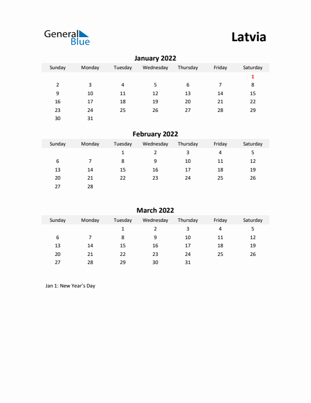 Printable Quarterly Calendar with Notes and Latvia Holidays- Q1 of 2022