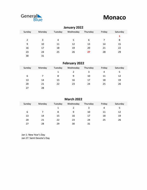 Printable Quarterly Calendar with Notes and Monaco Holidays- Q1 of 2022