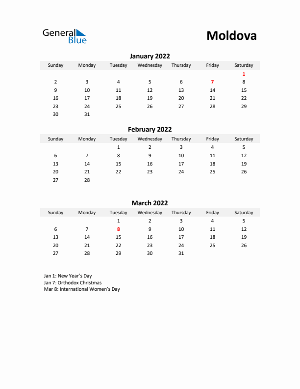 Printable Quarterly Calendar with Notes and Moldova Holidays- Q1 of 2022