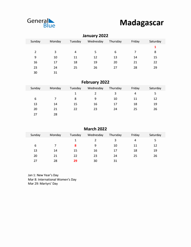 Printable Quarterly Calendar with Notes and Madagascar Holidays- Q1 of 2022