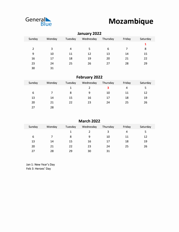 Printable Quarterly Calendar with Notes and Mozambique Holidays- Q1 of 2022