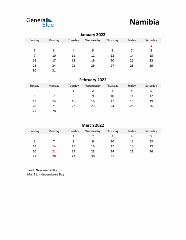 Printable Quarterly Calendar with Notes and Namibia Holidays- Q1 of 2022