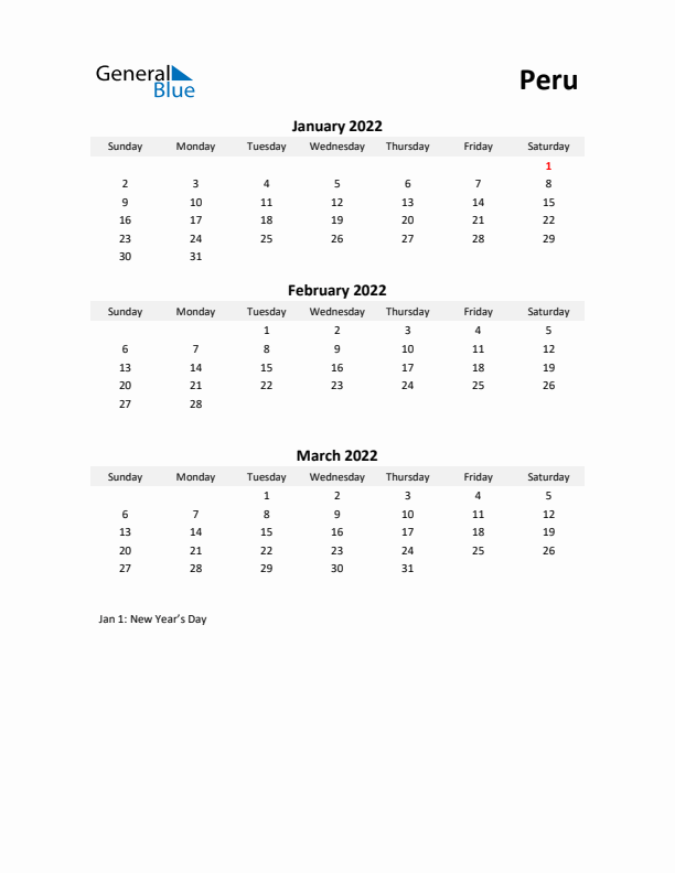 Printable Quarterly Calendar with Notes and Peru Holidays- Q1 of 2022