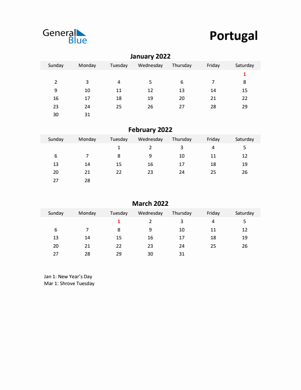 Printable Quarterly Calendar with Notes and Portugal Holidays- Q1 of 2022