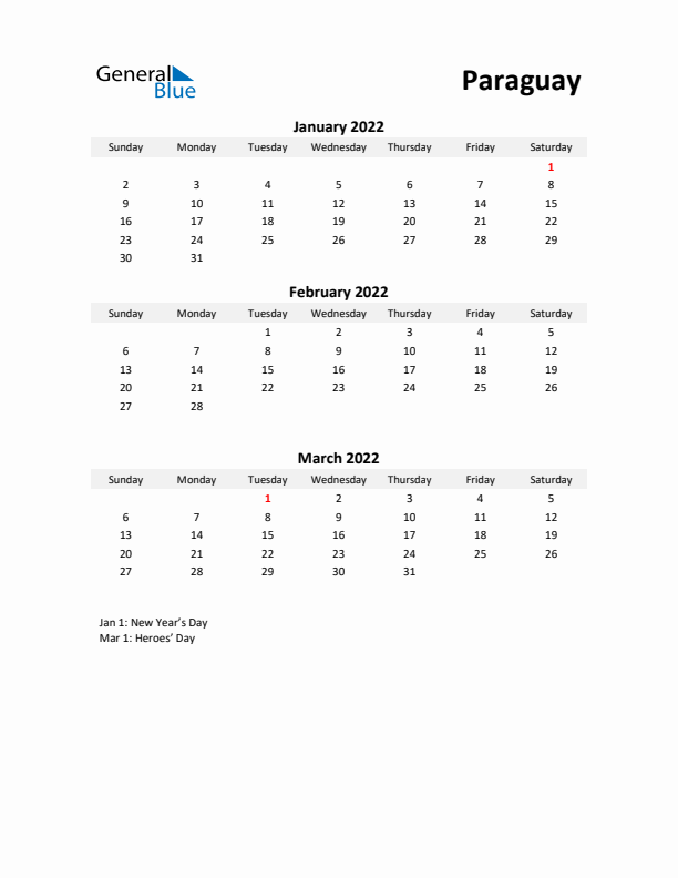 Printable Quarterly Calendar with Notes and Paraguay Holidays- Q1 of 2022