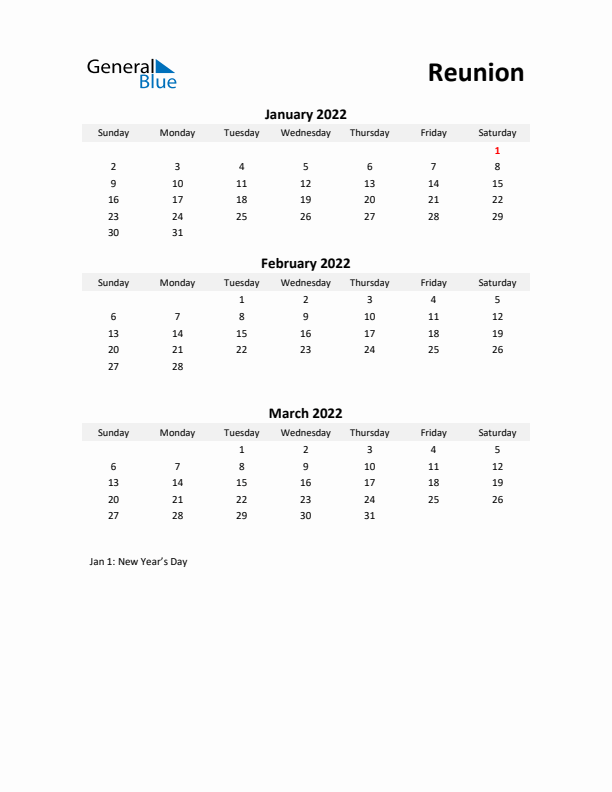 Printable Quarterly Calendar with Notes and Reunion Holidays- Q1 of 2022