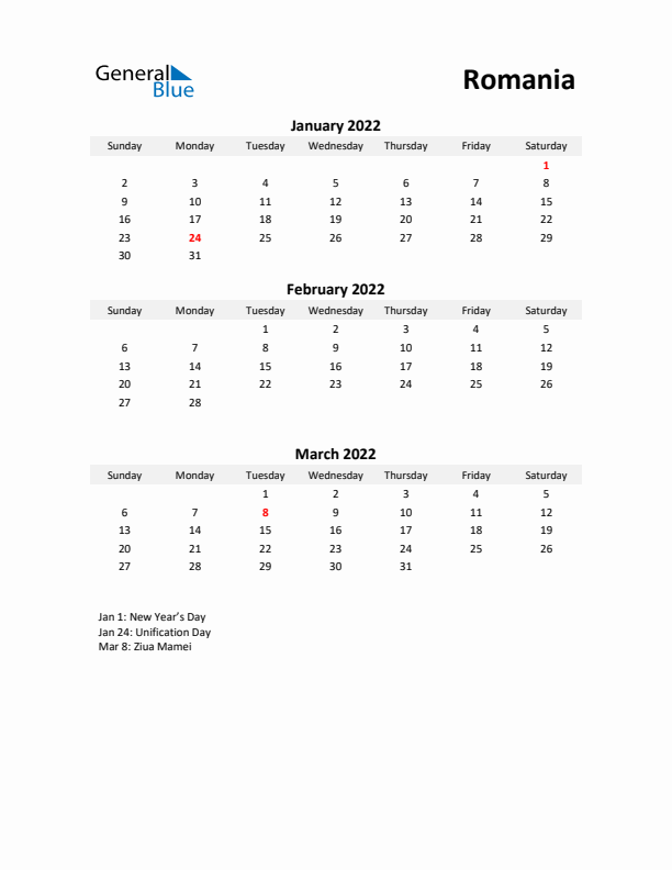 Printable Quarterly Calendar with Notes and Romania Holidays- Q1 of 2022