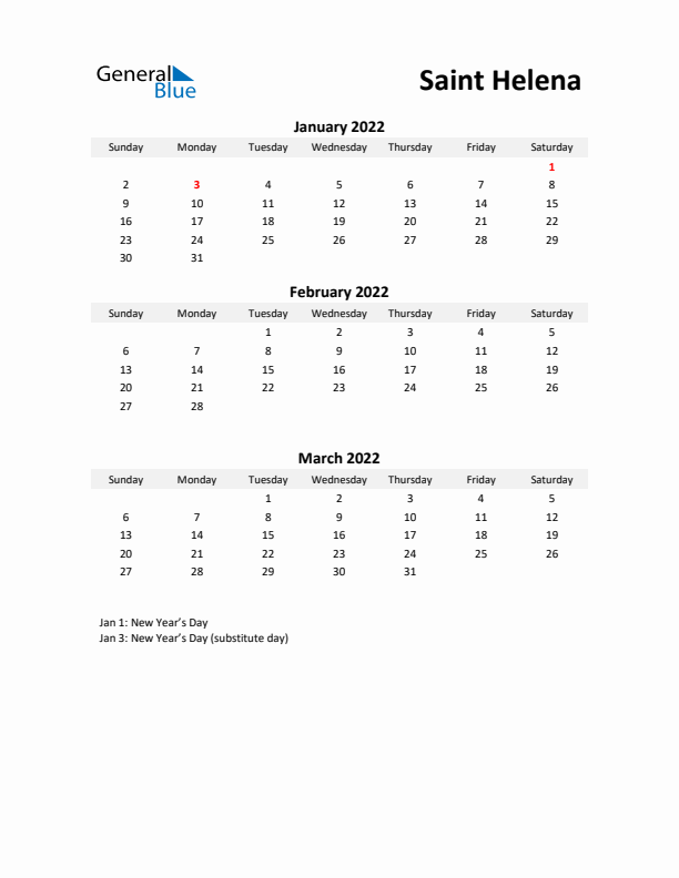 Printable Quarterly Calendar with Notes and Saint Helena Holidays- Q1 of 2022