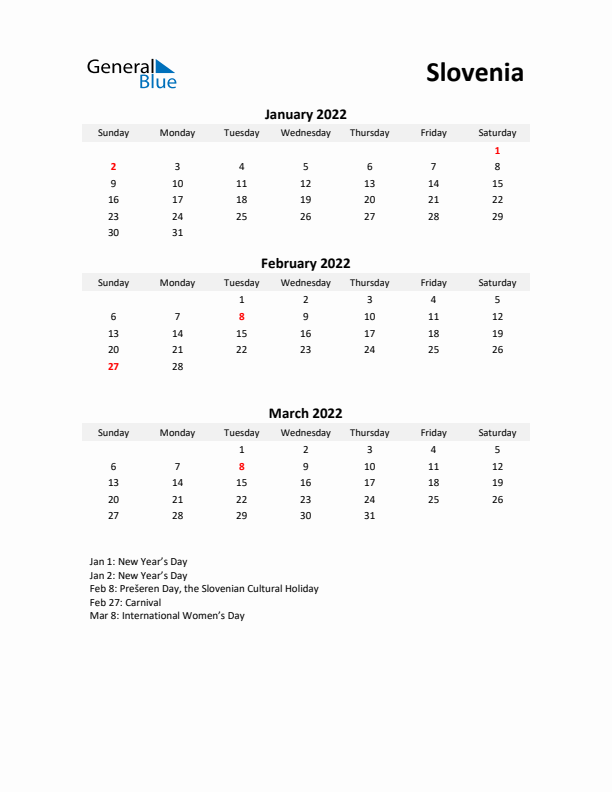 Printable Quarterly Calendar with Notes and Slovenia Holidays- Q1 of 2022