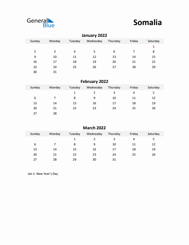 Printable Quarterly Calendar with Notes and Somalia Holidays- Q1 of 2022