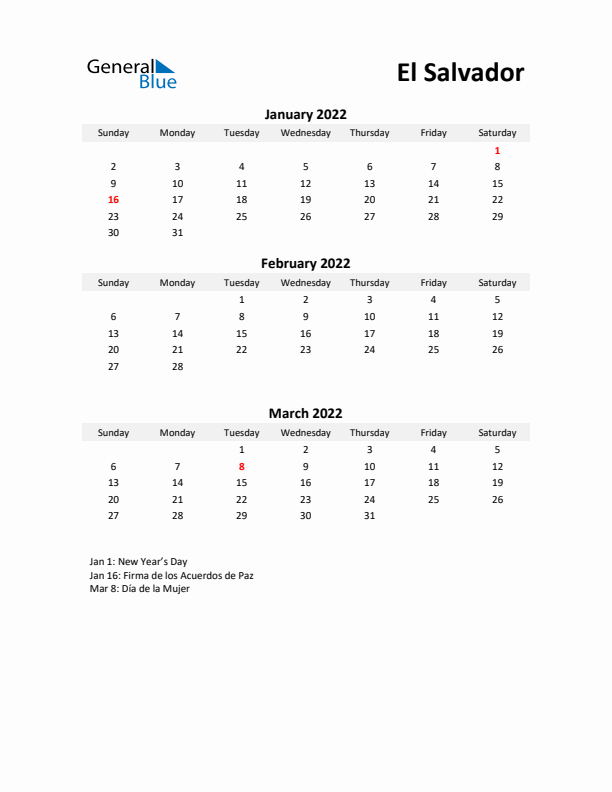 Printable Quarterly Calendar with Notes and El Salvador Holidays- Q1 of 2022