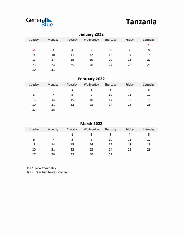 Printable Quarterly Calendar with Notes and Tanzania Holidays- Q1 of 2022