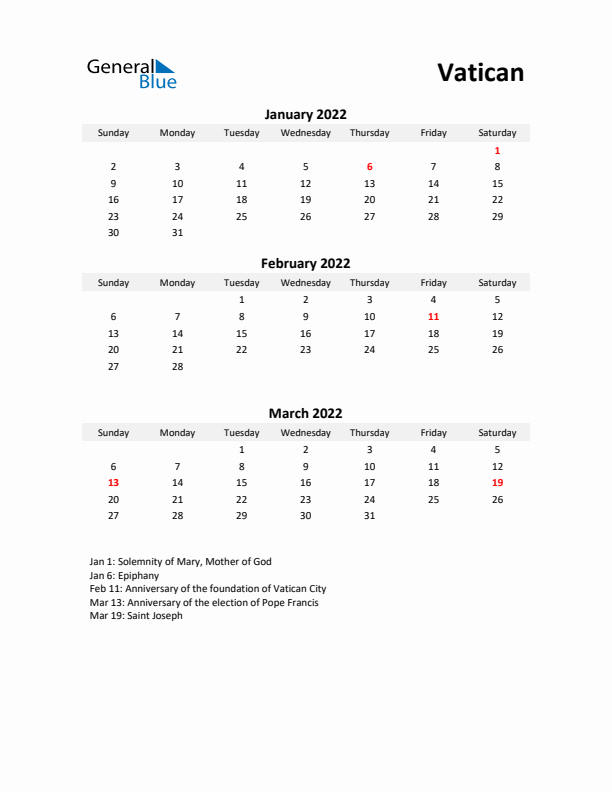 Printable Quarterly Calendar with Notes and Vatican Holidays- Q1 of 2022