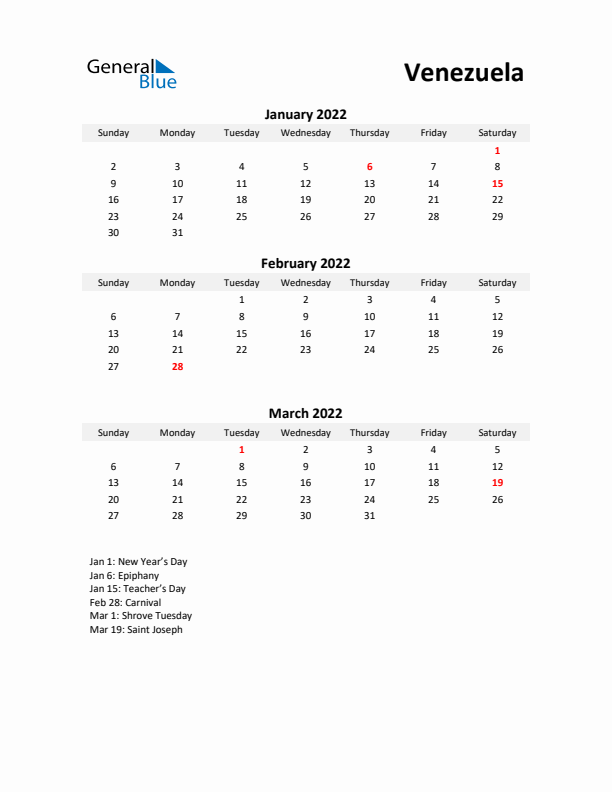 Printable Quarterly Calendar with Notes and Venezuela Holidays- Q1 of 2022