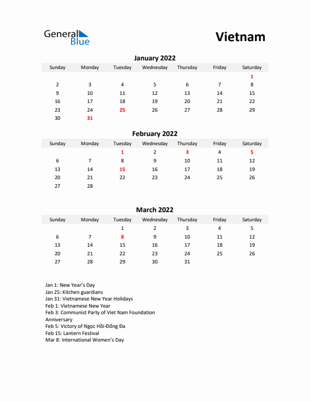 Printable Quarterly Calendar with Notes and Vietnam Holidays- Q1 of 2022