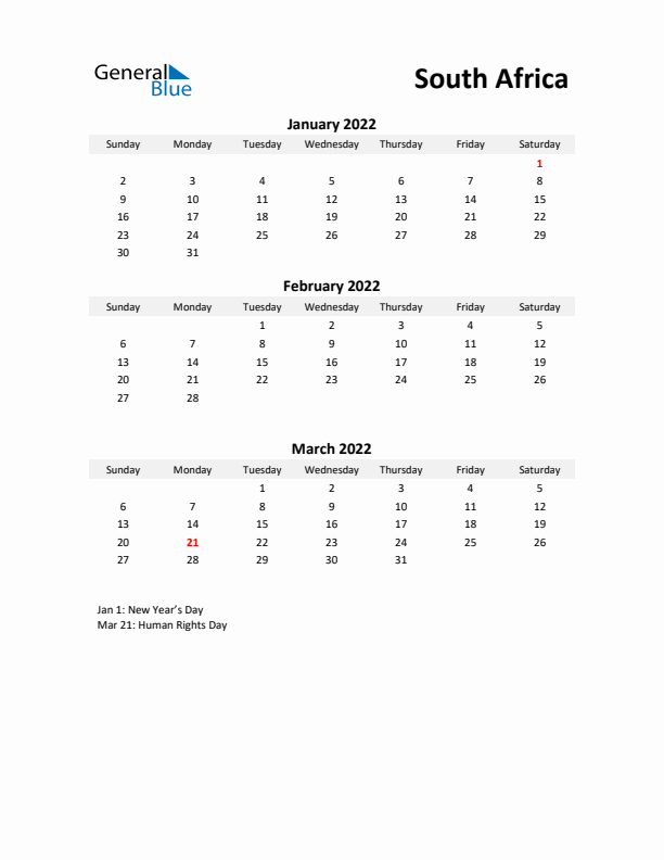 Printable Quarterly Calendar with Notes and South Africa Holidays- Q1 of 2022