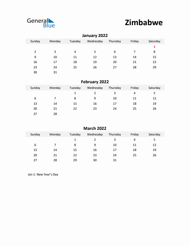 Printable Quarterly Calendar with Notes and Zimbabwe Holidays- Q1 of 2022