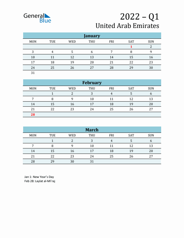 Three-Month Planner for Q1 2022 with Holidays - United Arab Emirates