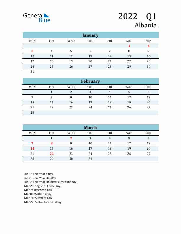 Three-Month Planner for Q1 2022 with Holidays - Albania