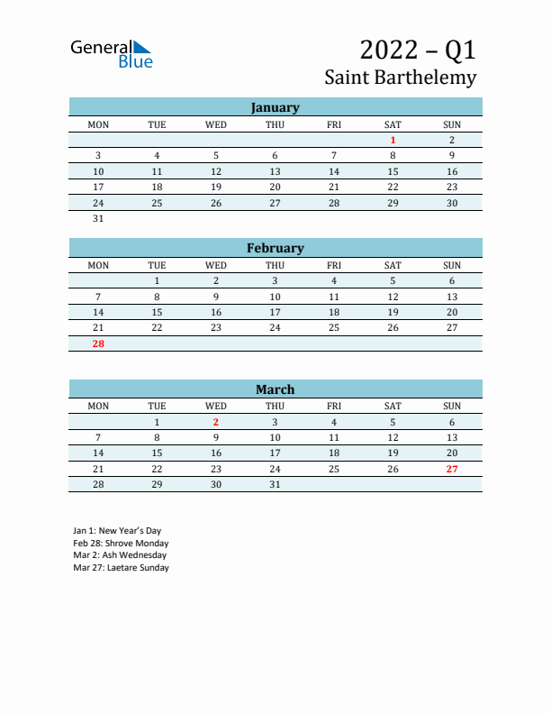 Three-Month Planner for Q1 2022 with Holidays - Saint Barthelemy