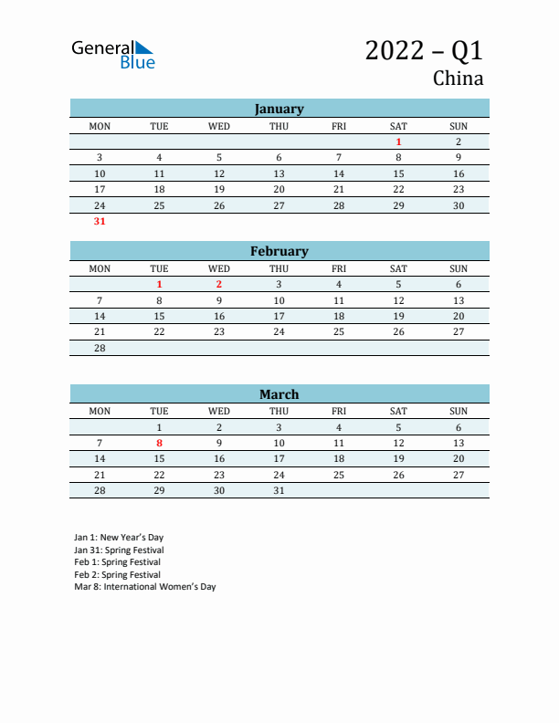 Three-Month Planner for Q1 2022 with Holidays - China