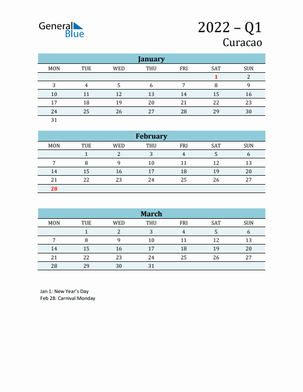 Three-Month Planner for Q1 2022 with Holidays - Curacao