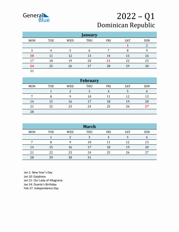 Three-Month Planner for Q1 2022 with Holidays - Dominican Republic