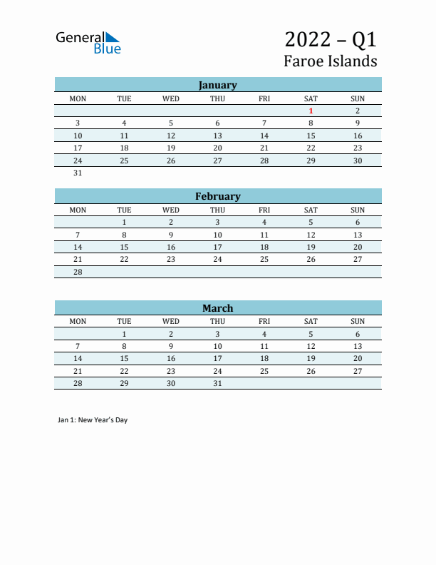 Three-Month Planner for Q1 2022 with Holidays - Faroe Islands