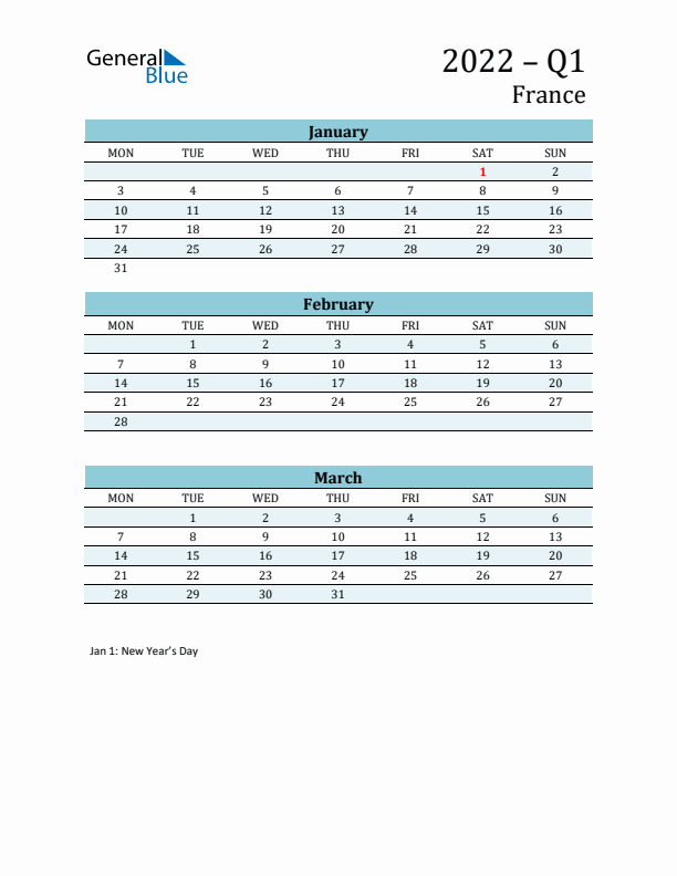 Three-Month Planner for Q1 2022 with Holidays - France