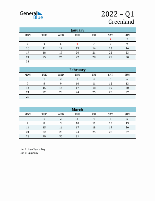 Three-Month Planner for Q1 2022 with Holidays - Greenland